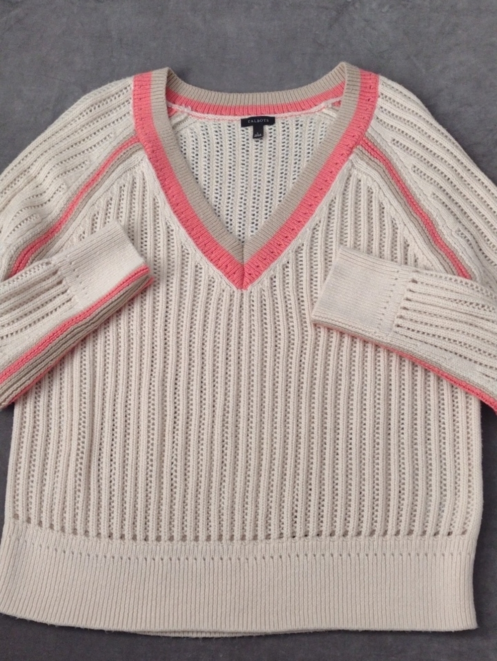 Talbots Size L Cream Pink Trim Open-Knit V-Neck Sweater